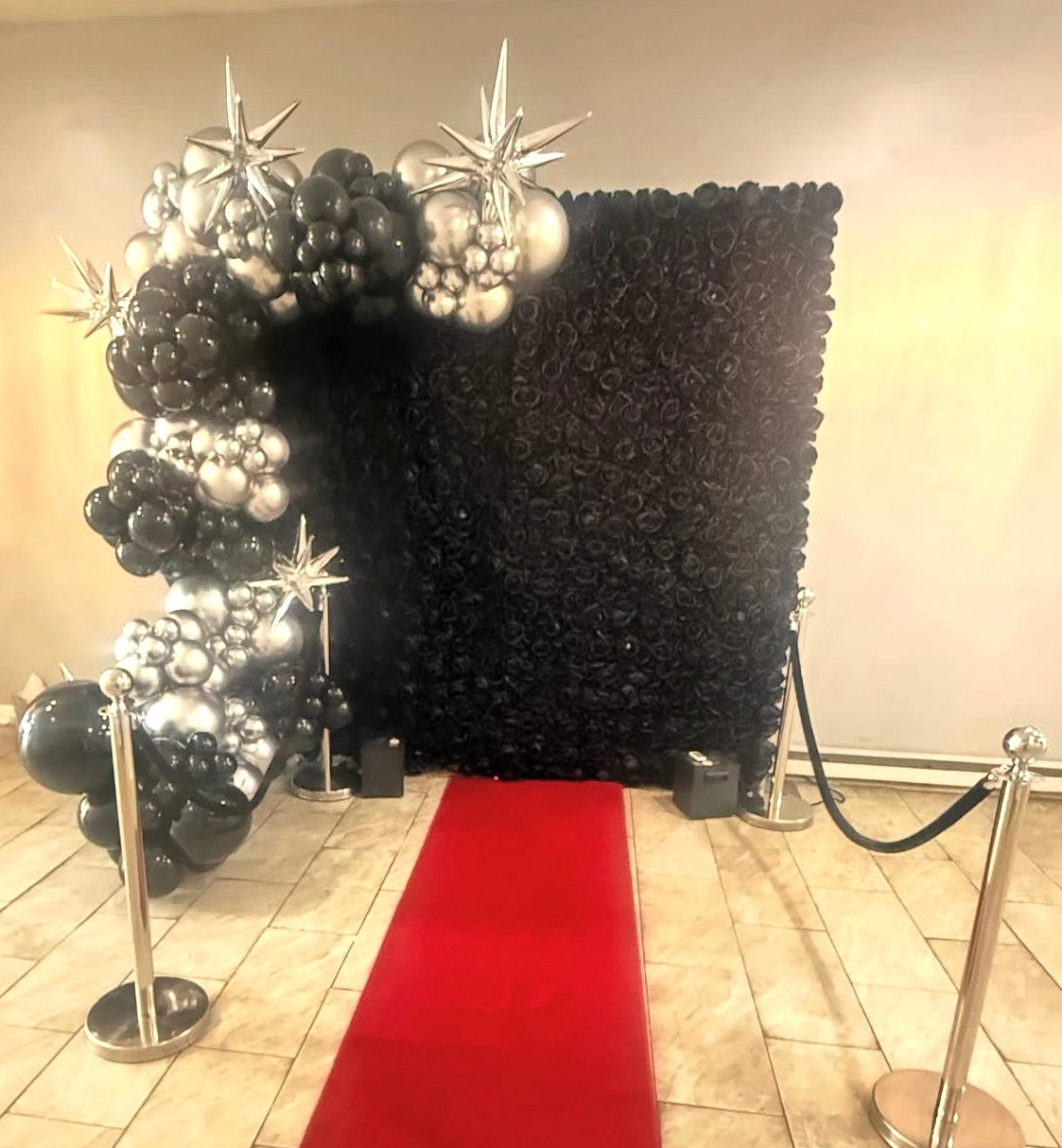 Rose Wall, Cold Sparks, Stanchions, Red Carpet & 16ft Balloon Garland
