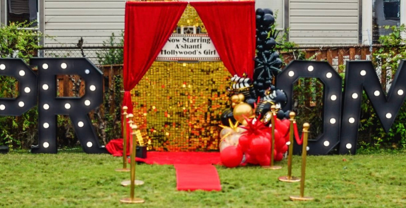 Prom Marquee, Shimmer Wall with Drapery, Cold Sparks, Red Carpet, Stanchions, 16ft Balloon Garland