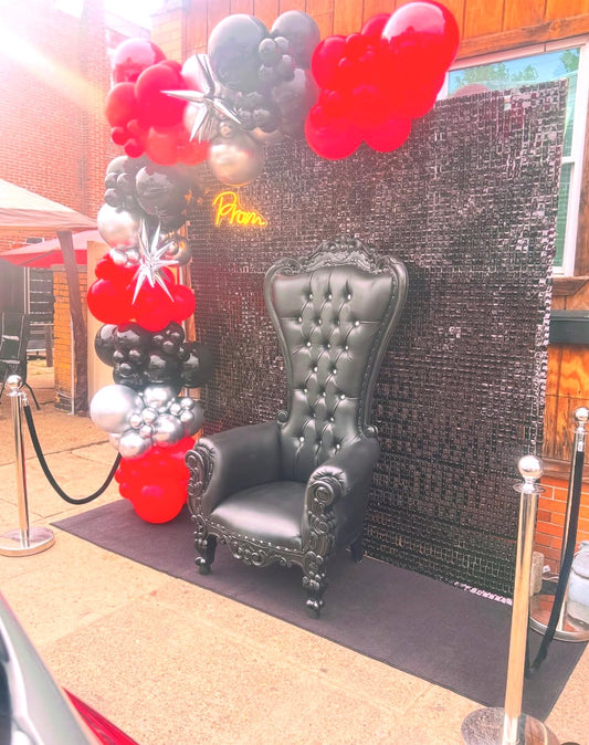 Throne Chair, Shimmer Wall, 16ft Balloon Garland, Red Carpet, Stanchions & LED Prom Sign